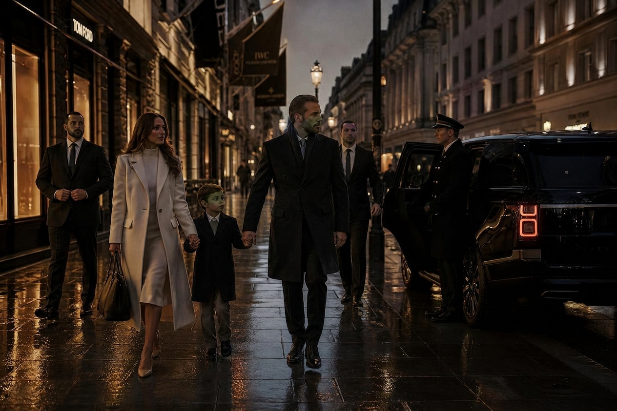 Close protection officers watching over a family on a busy London street